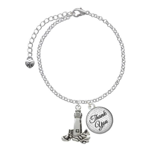 Delight Jewelry Silvertone Antiqued Lighthouse - Domed Thank You Charm Bracelet, 6"+2"