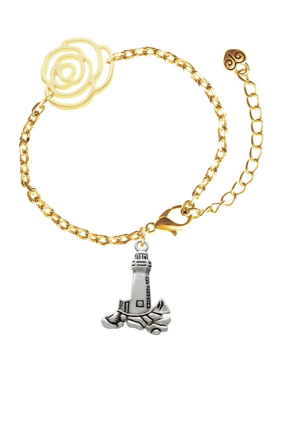 Silvertone Antiqued Lighthouse Gold-tone Flower Link Chain Bracelet, 6.75"+2" Extender