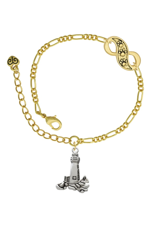 Silvertone Antiqued Lighthouse Gold-tone Paw Infinity Link Chain Bracelet, 6"+2" Extender