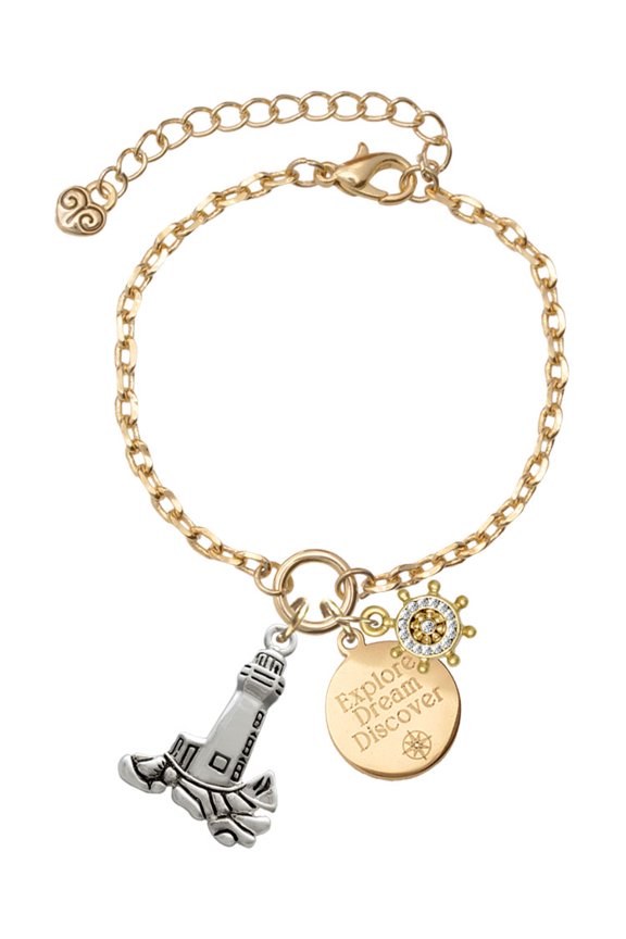 Silvertone Antiqued Lighthouse Goldtone Discover Dream Explore Zoey Charm Bracelet, 6.5+2" Extender