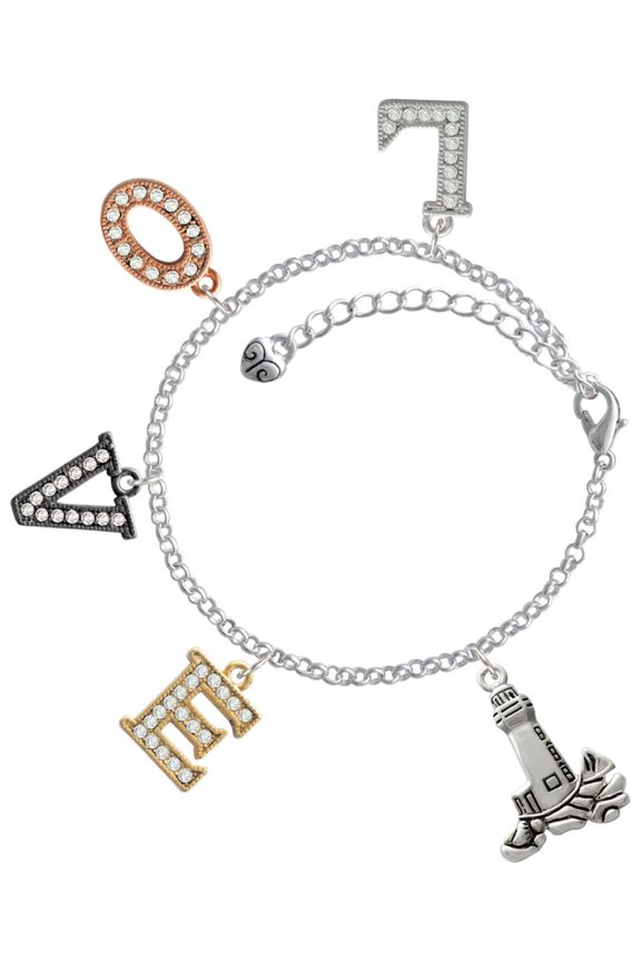 Silvertone Antiqued Lighthouse Multi-Colored Crystal Love Charm Bracelet