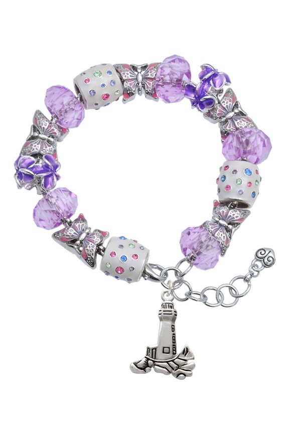 Silvertone Antiqued Lighthouse Purple Butterfly Bead Charm Bracelet, 7"+1" Extender