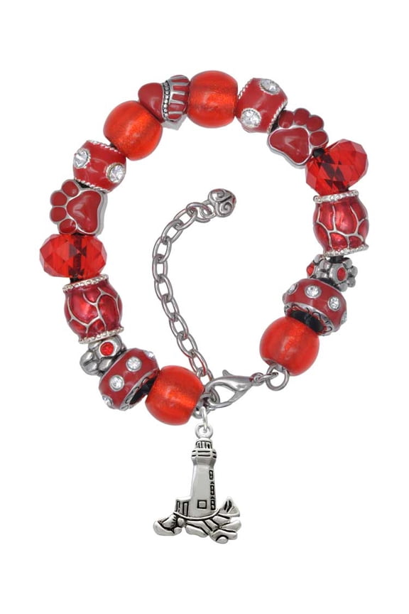Silvertone Antiqued Lighthouse Red Paw Print Bead Bracelet, 7"+2"