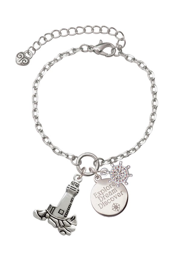 Silvertone Antiqued Lighthouse Silvertone Discover Dream Explore Zoey Charm Bracelet, 6.5+2" Extender