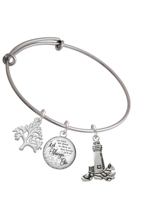 Silvertone Antiqued Lighthouse Silvertone Let Things Go Tree Charm Bangle Bracelet