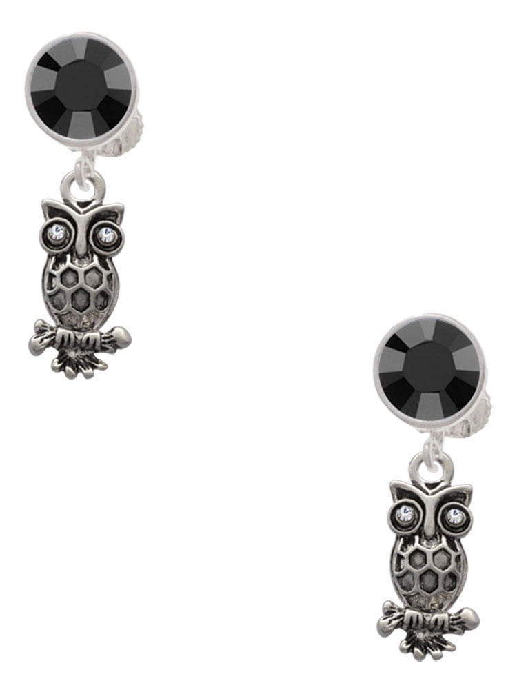 Delight Jewelry Silvertone Antiqued Owl with Clear Crystal Eyes Black Crystal Clip on Earrings