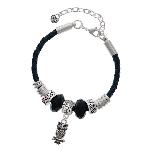 Delight Jewelry Silvertone Antiqued Owl with Clear Crystal Eyes Mother Celtic Knot Leather Bead Bracelet, 7"+2" Extender