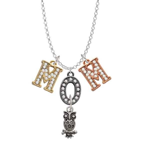 Delight Jewelry Silvertone Antiqued Owl with Clear Crystal Eyes Multi-Colored Crystal Mom Charm Necklace