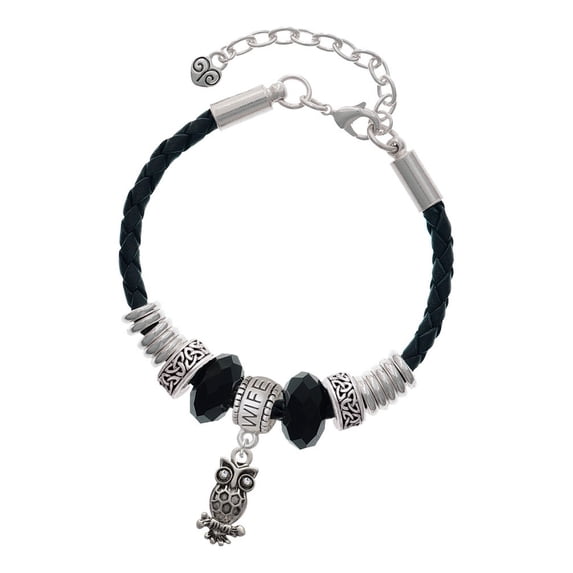 Delight Jewelry Silvertone Antiqued Owl with Clear Crystal Eyes Wife Celtic Knot Leather Bead Bracelet, 7"+2" Extender