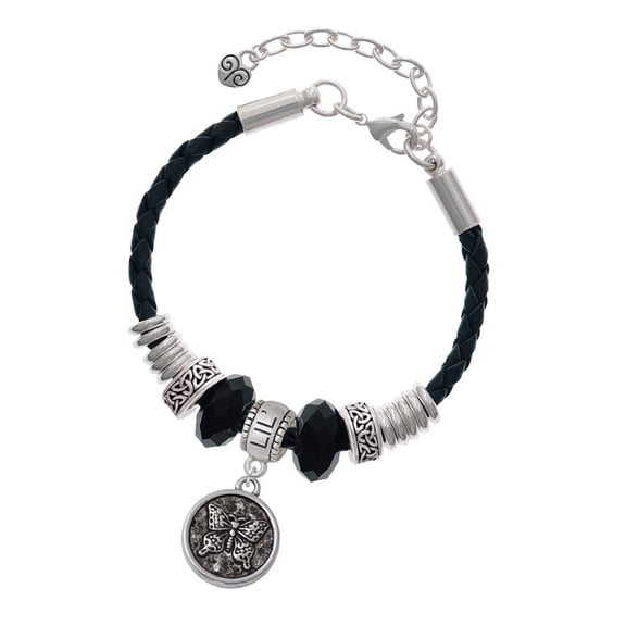 Delight Jewelry Silvertone Antiqued Round Seal - Butterfly Lil Sister Celtic Knot Leather Bead Bracelet, 7"+2" Extender