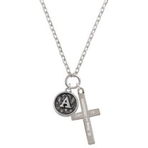 Delight Jewelry Silvertone Antiqued Round Seal - Initial - A - Be Strong and Courageous Engraved Cross Zoey Necklace, 28"