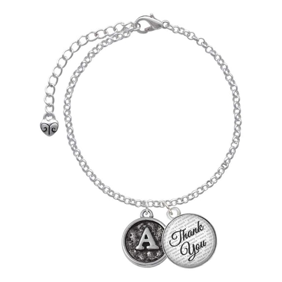 Delight Jewelry Silvertone Antiqued Round Seal - Initial - A - Domed Thank You Charm Bracelet, 6"+2"