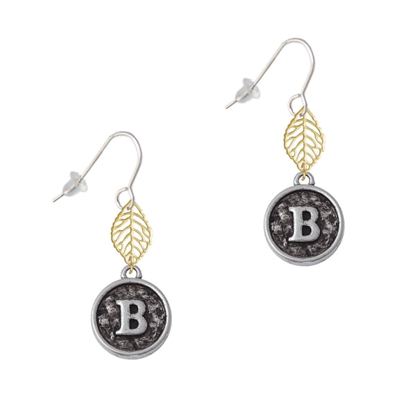 Delight Jewelry Silvertone Antiqued Round Seal - Initial - B - Goldtone Leaf French Earrings