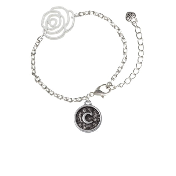 Delight Jewelry Silvertone Antiqued Round Seal - Initial - C - Silver-tone Flower Link Chain Bracelet, 6.75"+2" Extender