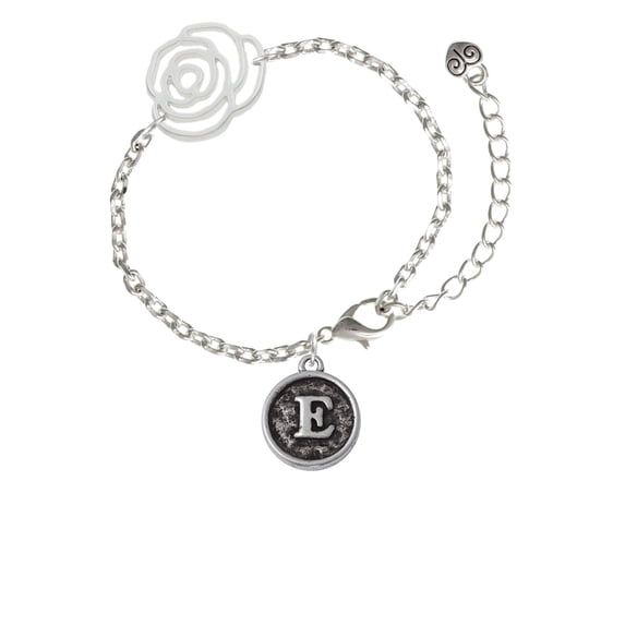 Delight Jewelry Silvertone Antiqued Round Seal - Initial - E - Silver-tone Flower Link Chain Bracelet, 6.75"+2" Extender