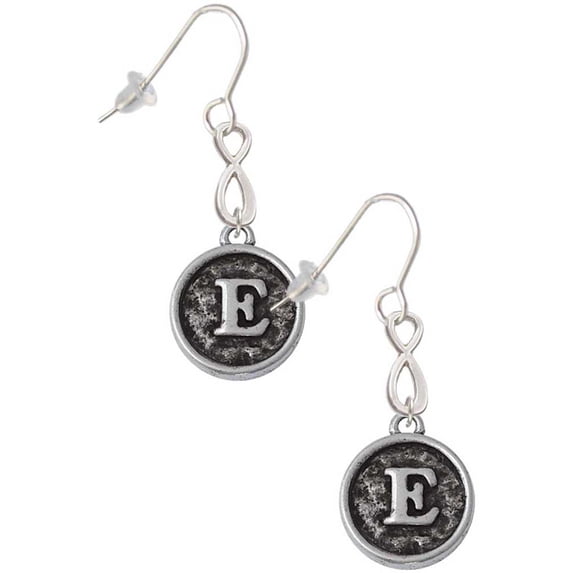Delight Jewelry Silvertone Antiqued Round Seal - Initial - E - Silver tone Infinity French Earrings
