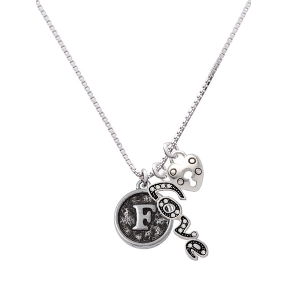 Delight Jewelry Silvertone Antiqued Round Seal - Initial - F - - Love and Lock Charm Necklace, 18"+1"