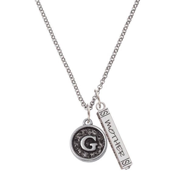 Delight Jewelry Silvertone Antiqued Round Seal - Initial - G - Silvertone Mother Daughter Bar Charm Necklace, 23"