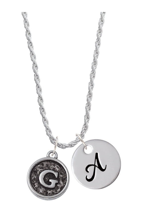 Silvertone Antiqued Round Seal - Initial - G - Silvertone Script Initial Disc - A - Charm Necklace, 20"+3"