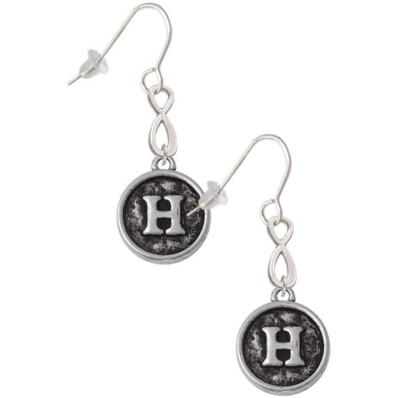 Delight Jewelry Silvertone Antiqued Round Seal - Initial - H - Silver tone Infinity French Earrings