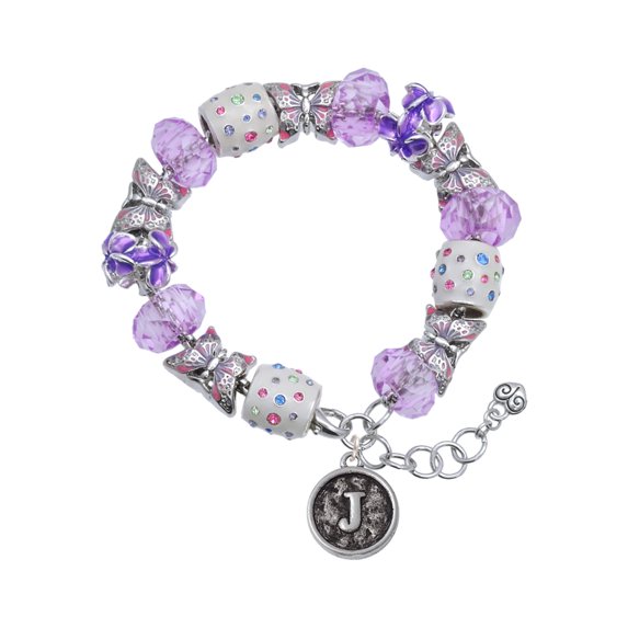 Delight Jewelry Silvertone Antiqued Round Seal - Initial - J - Purple Butterfly Bead Charm Bracelet, 7"+1" Extender