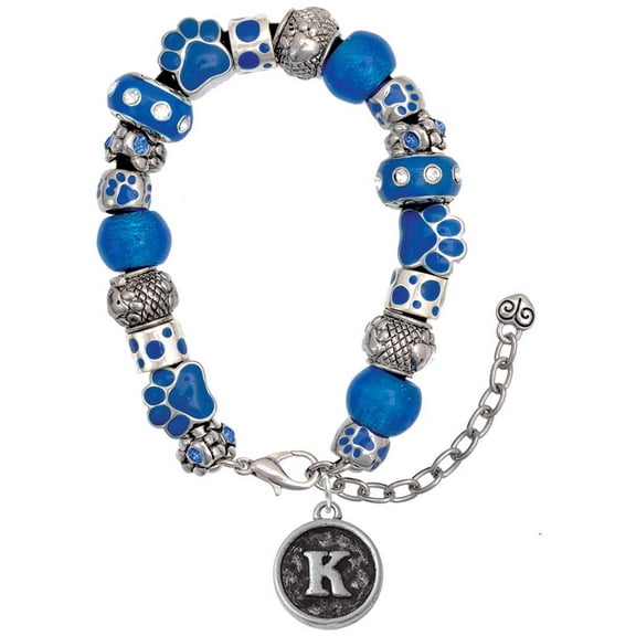 Delight Jewelry Silvertone Antiqued Round Seal - Initial - K - Blue Paw Print Bead Bracelet, 7"+2"