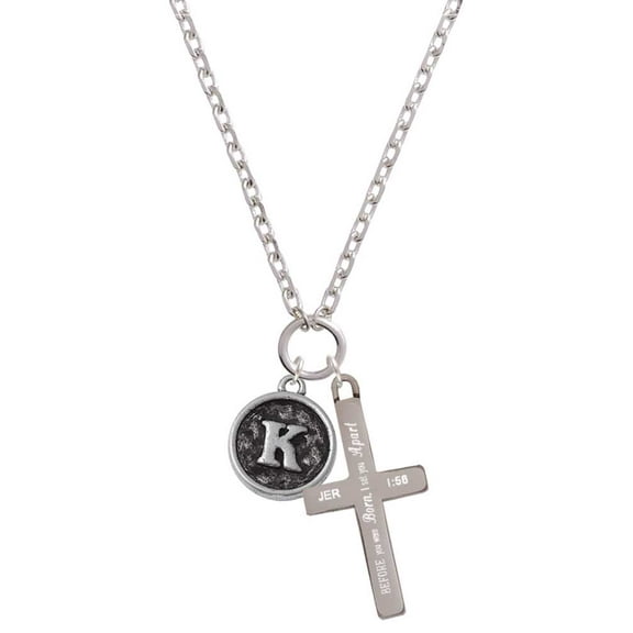 Delight Jewelry Silvertone Antiqued Round Seal - Initial - K - I Set You Apart Engraved Cross Zoey Necklace, 28"
