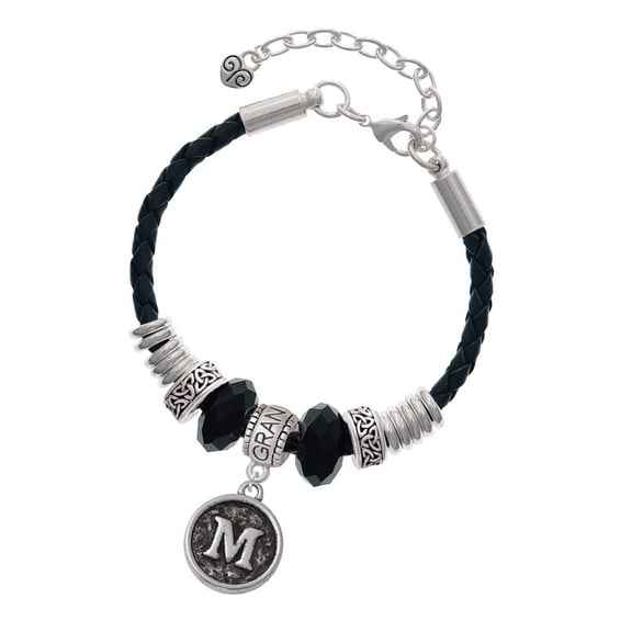 Delight Jewelry Silvertone Antiqued Round Seal - Initial - M - Grandmother Celtic Knot Leather Bead Bracelet, 7"+2" Extender