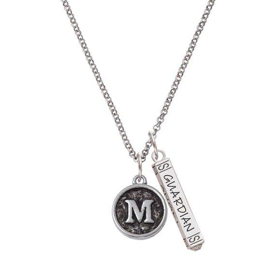 Delight Jewelry Silvertone Antiqued Round Seal - Initial - M - Silvertone Guardian Angel Bar Charm Necklace, 23"