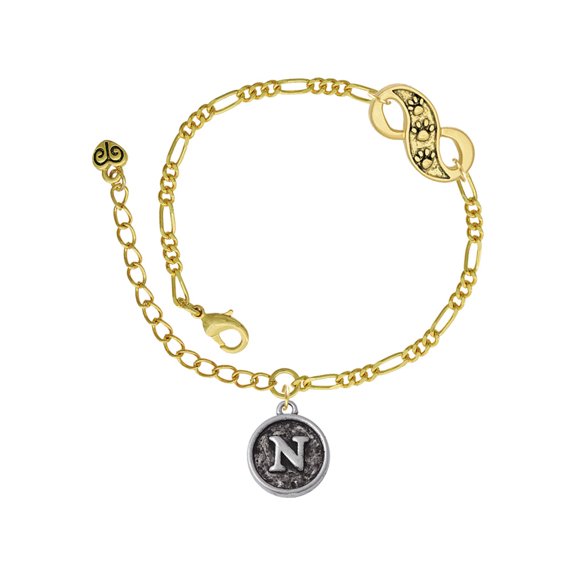 Delight Jewelry Silvertone Antiqued Round Seal - Initial - N - Gold-tone Paw Infinity Link Chain Bracelet, 6"+2" Extender
