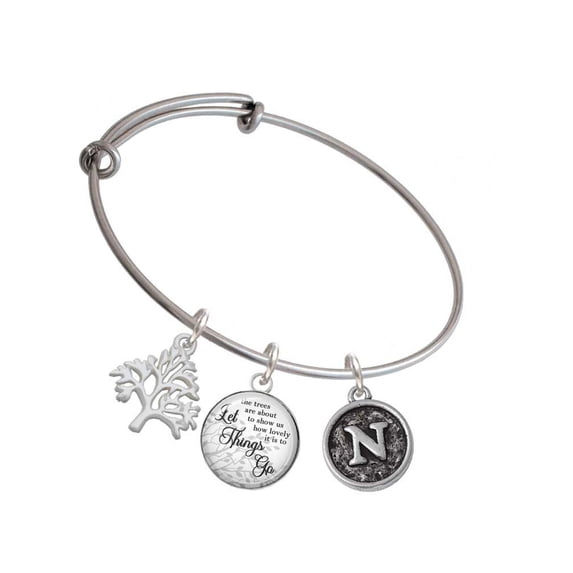 Delight Jewelry Silvertone Antiqued Round Seal - Initial - N - Silvertone Let Things Go Tree Charm Bangle Bracelet