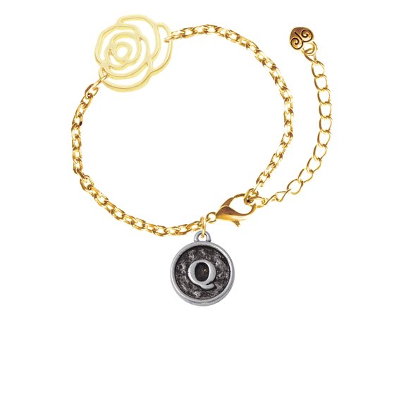 Delight Jewelry Silvertone Antiqued Round Seal - Initial - Q - Gold-tone Flower Link Chain Bracelet, 6.75"+2" Extender