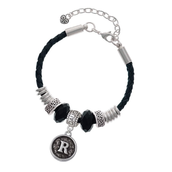 Delight Jewelry Silvertone Antiqued Round Seal - Initial - R - Daughter Celtic Knot Leather Bead Bracelet, 7"+2" Extender