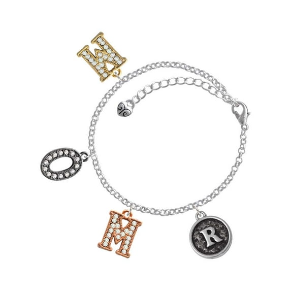 Delight Jewelry Silvertone Antiqued Round Seal - Initial - R - Multi-Colored Crystal Mom Charm Bracelet