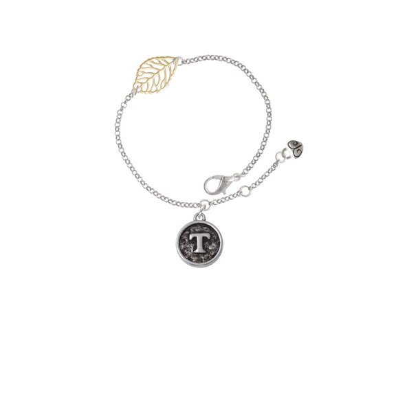 Delight Jewelry Silvertone Antiqued Round Seal - Initial - T - - Goldtone Leaf Delicate Bracelet, 6.25+1.75"