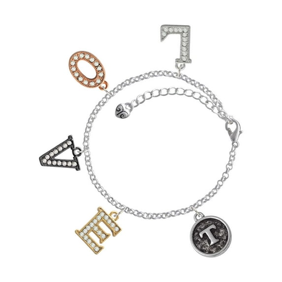 Delight Jewelry Silvertone Antiqued Round Seal - Initial - T - Multi-Colored Crystal Love Charm Bracelet
