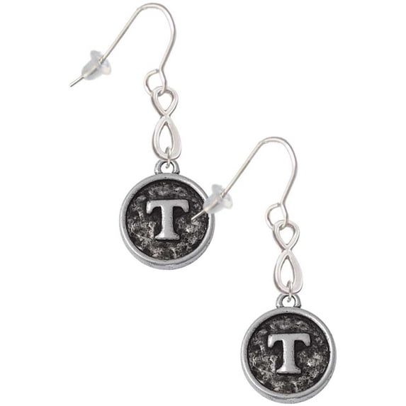 Delight Jewelry Silvertone Antiqued Round Seal - Initial - T - Silver tone Infinity French Earrings