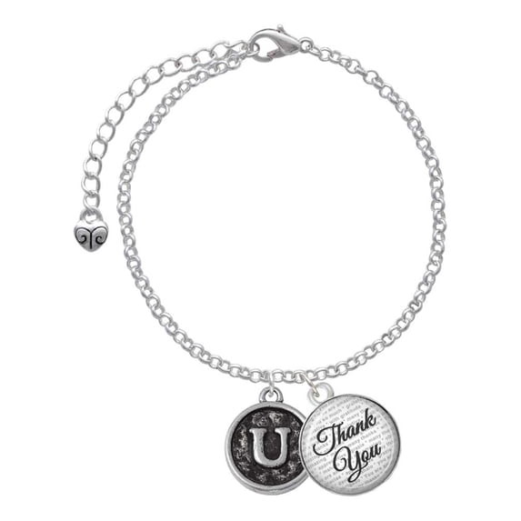 Delight Jewelry Silvertone Antiqued Round Seal - Initial - U - Domed Thank You Charm Bracelet, 6"+2"