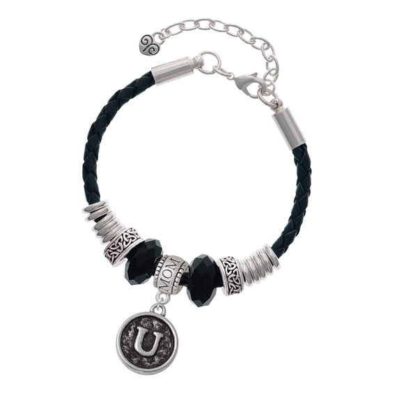 Delight Jewelry Silvertone Antiqued Round Seal - Initial - U - Mom Celtic Knot Leather Bead Bracelet, 7"+2" Extender