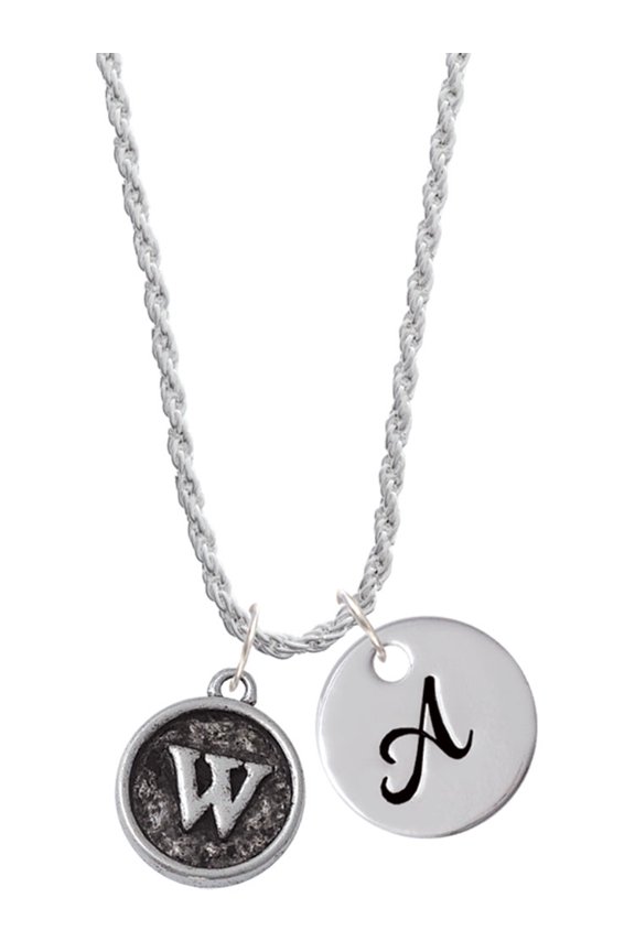 Silvertone Antiqued Round Seal - Initial - W - Silvertone Script Initial Disc - A - Charm Necklace, 20"+3"