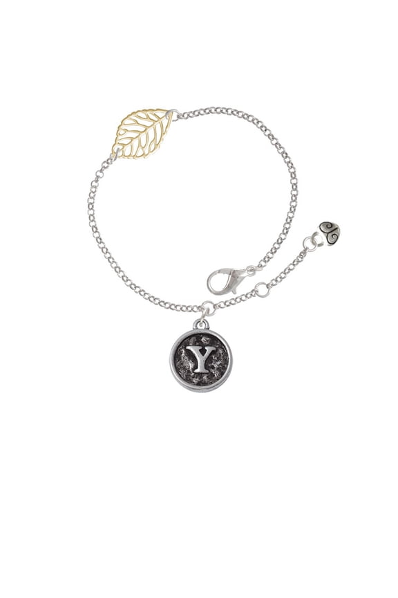 Silvertone Antiqued Round Seal - Initial - Y - - Goldtone Leaf Delicate Bracelet, 6.25+1.75"