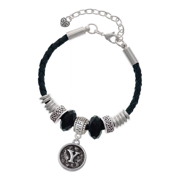 Delight Jewelry Silvertone Antiqued Round Seal - Initial - Y - Wife Celtic Knot Leather Bead Bracelet, 7"+2" Extender