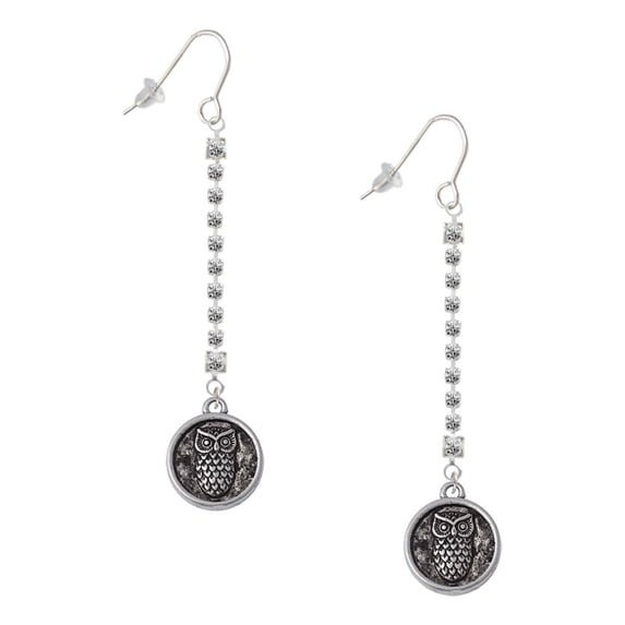 Delight Jewelry Silvertone Antiqued Round Seal - Owl - Silver-tone Long Sparkle Dangle French Earrings