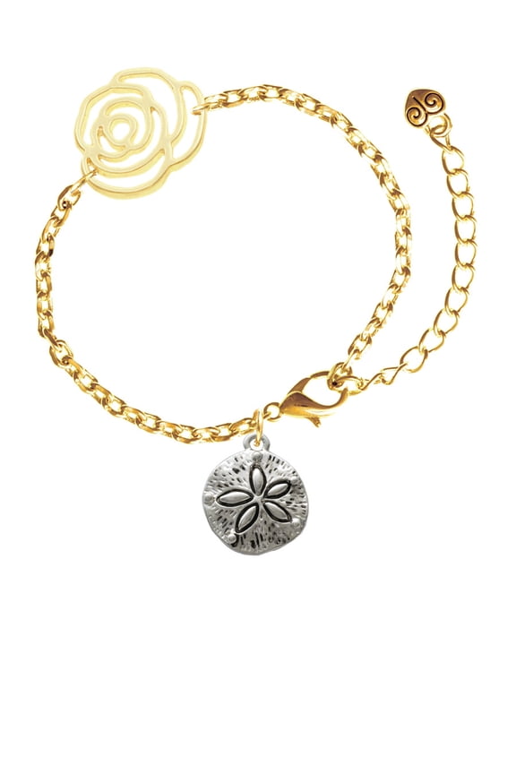 Silvertone Antiqued Sand Dollar Gold-tone Flower Link Chain Bracelet, 6.75"+2" Extender