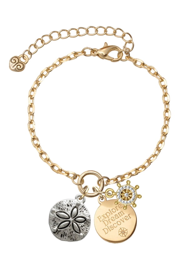 Silvertone Antiqued Sand Dollar Goldtone Discover Dream Explore Zoey Charm Bracelet, 6.5+2" Extender