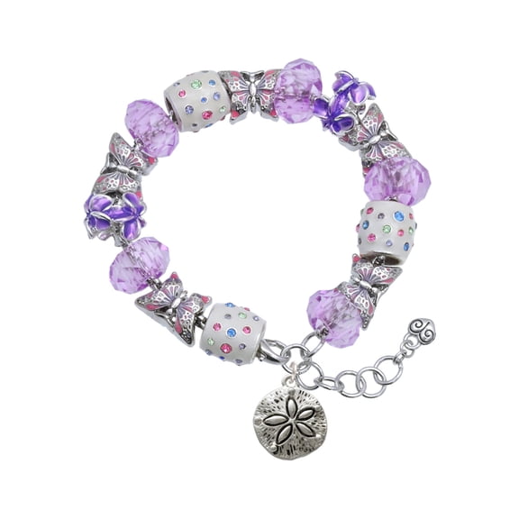 Delight Jewelry Silvertone Antiqued Sand Dollar Purple Butterfly Bead Charm Bracelet, 7"+1" Extender