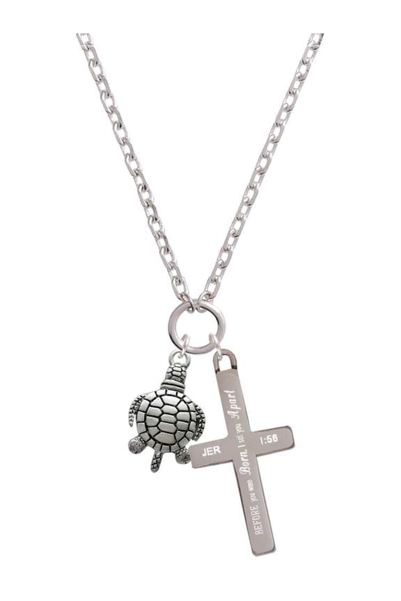 Silvertone Antiqued Sea Turtle I Set You Apart Engraved Cross Zoey Necklace, 28"