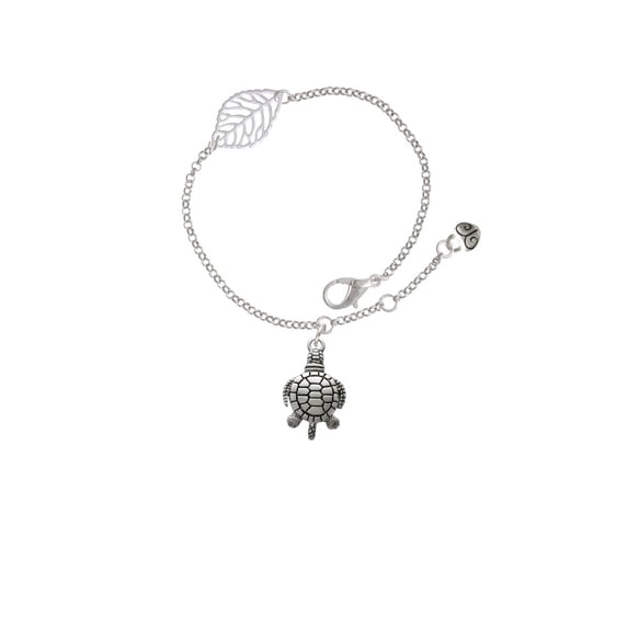 Delight Jewelry Silvertone Antiqued Sea Turtle - Silvertone Leaf Delicate Bracelet, 6.25+1.75"