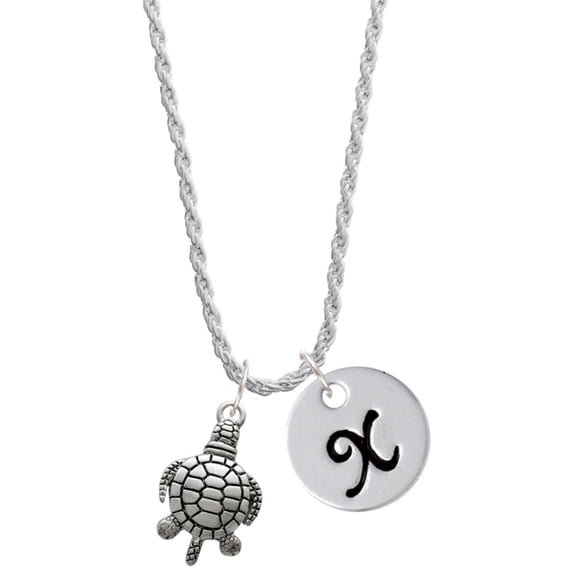 Delight Jewelry Silvertone Antiqued Sea Turtle Silvertone Script Initial Disc - X - Charm Necklace, 20"+3"