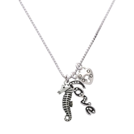 Delight Jewelry Silvertone Antiqued Seahorse - Love and Lock Charm Necklace, 18"+1"